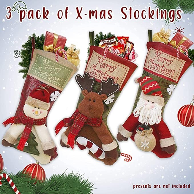3 Pack Christmas Stockings, Xmas Stocking Gift Bag for Christmas Fireplace Decorations and Treats for Kids and Adults, Ivory, Burgundy, Green, xs Socks